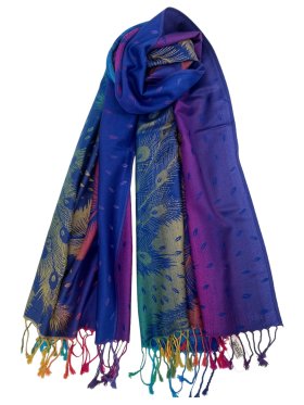 Rainbow Peacock Feather Pashmina Blue Multi