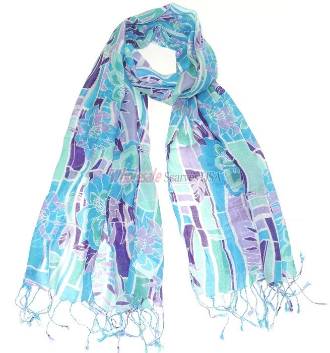 (image for) Premium Floral Print Scarf Light Blue