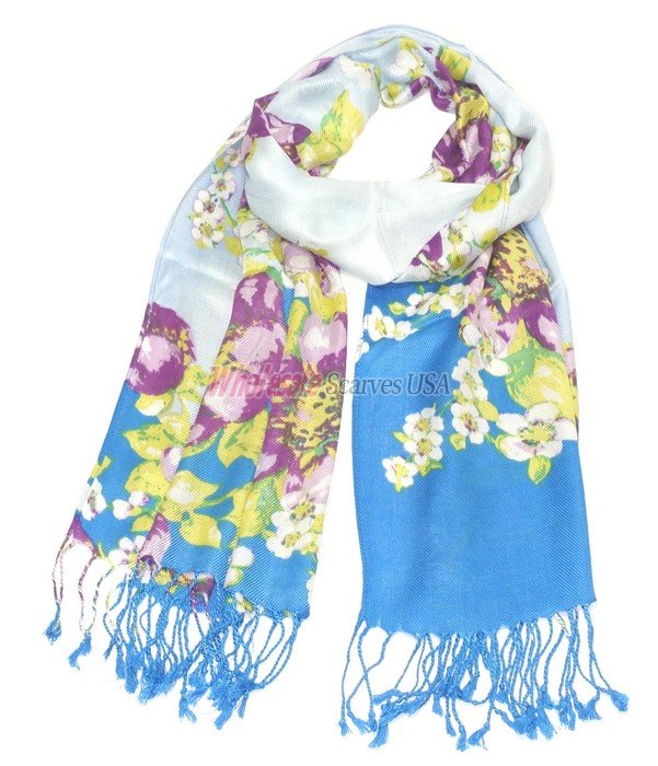 (image for) Premium Floral Print Scarf S0098 Blue