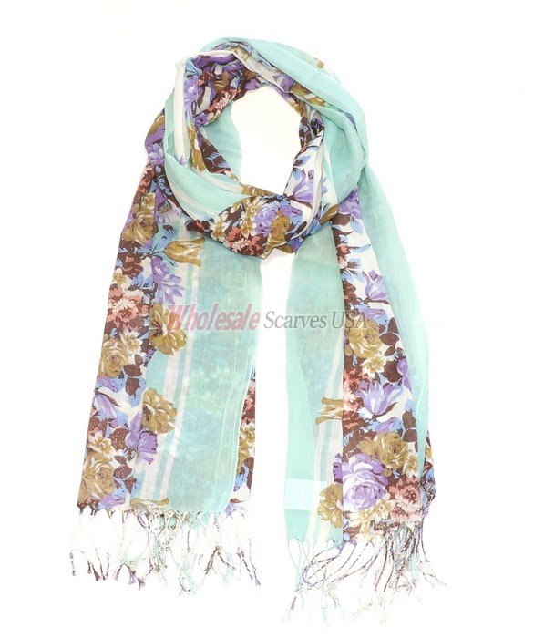 (image for) Premium Floral Print Scarf S0102 Tiffany Blue