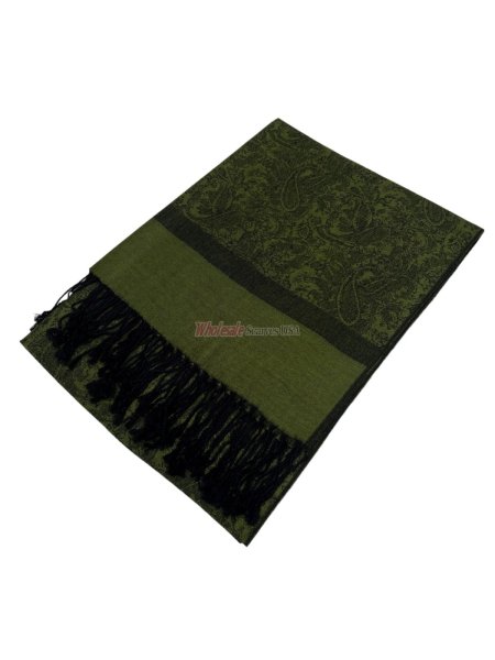 (image for) Paisley Jacquard Shawl Black/Army Green