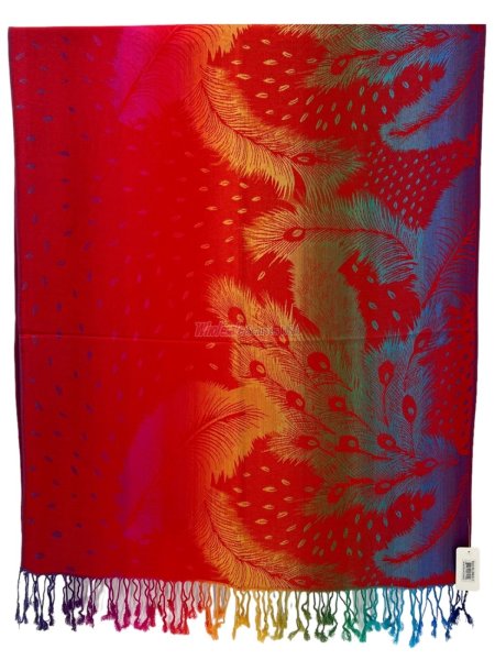 (image for) Rainbow Peacock Feather Pashmina Red Multi