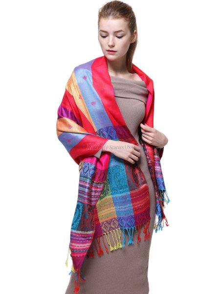 (image for) Paisley Stripe Pashmina Red