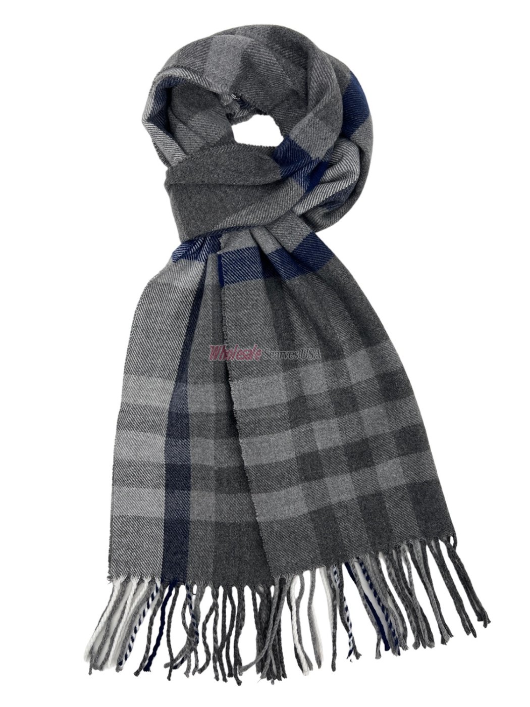 Cashmere Feel Plaid Scarf Grey Blue 12 pack