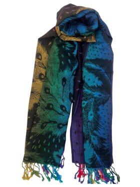 Rainbow Peacock Feather Pashmina Black Multi