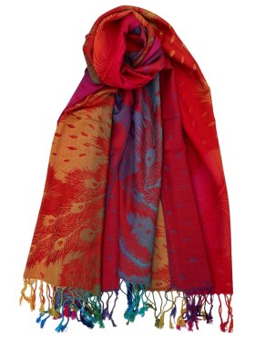 Rainbow Peacock Feather Pashmina Red Multi