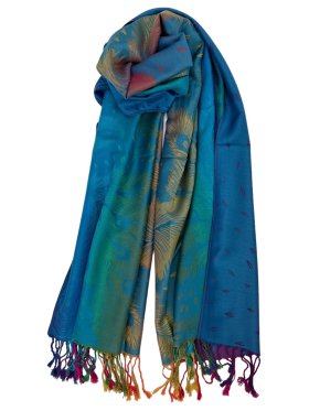 Rainbow Peacock Feather Pashmina Turquoise Multi