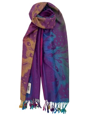 Rainbow Peacock Feather Pashmina Magenta Multi