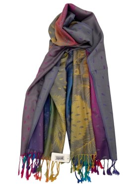 Rainbow Peacock Feather Pashmina Grey Multi