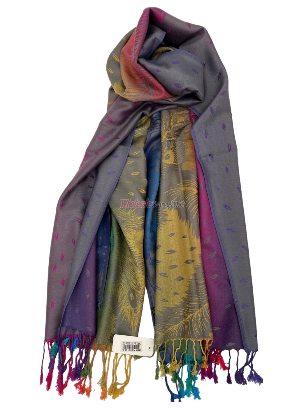 (image for) Rainbow Peacock Feather Pashmina Grey Multi