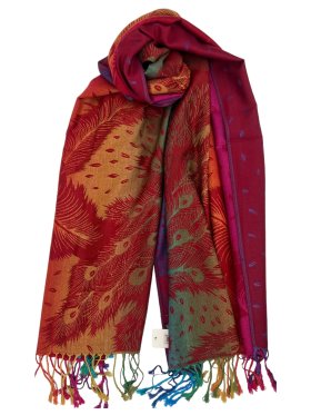 Rainbow Peacock Feather Pashmina Burgundy Multi