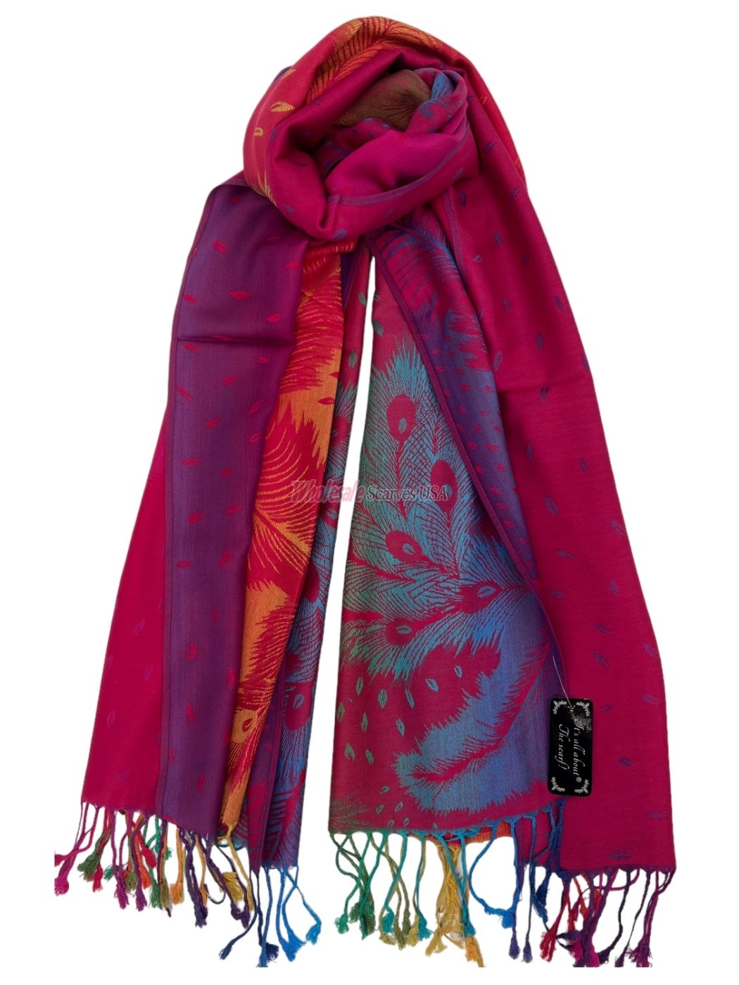 (image for) Rainbow Peacock Feather Pashmina Fuchsia Multi