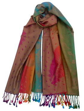 Rainbow Peacock Feather Pashmina Yellow Multi