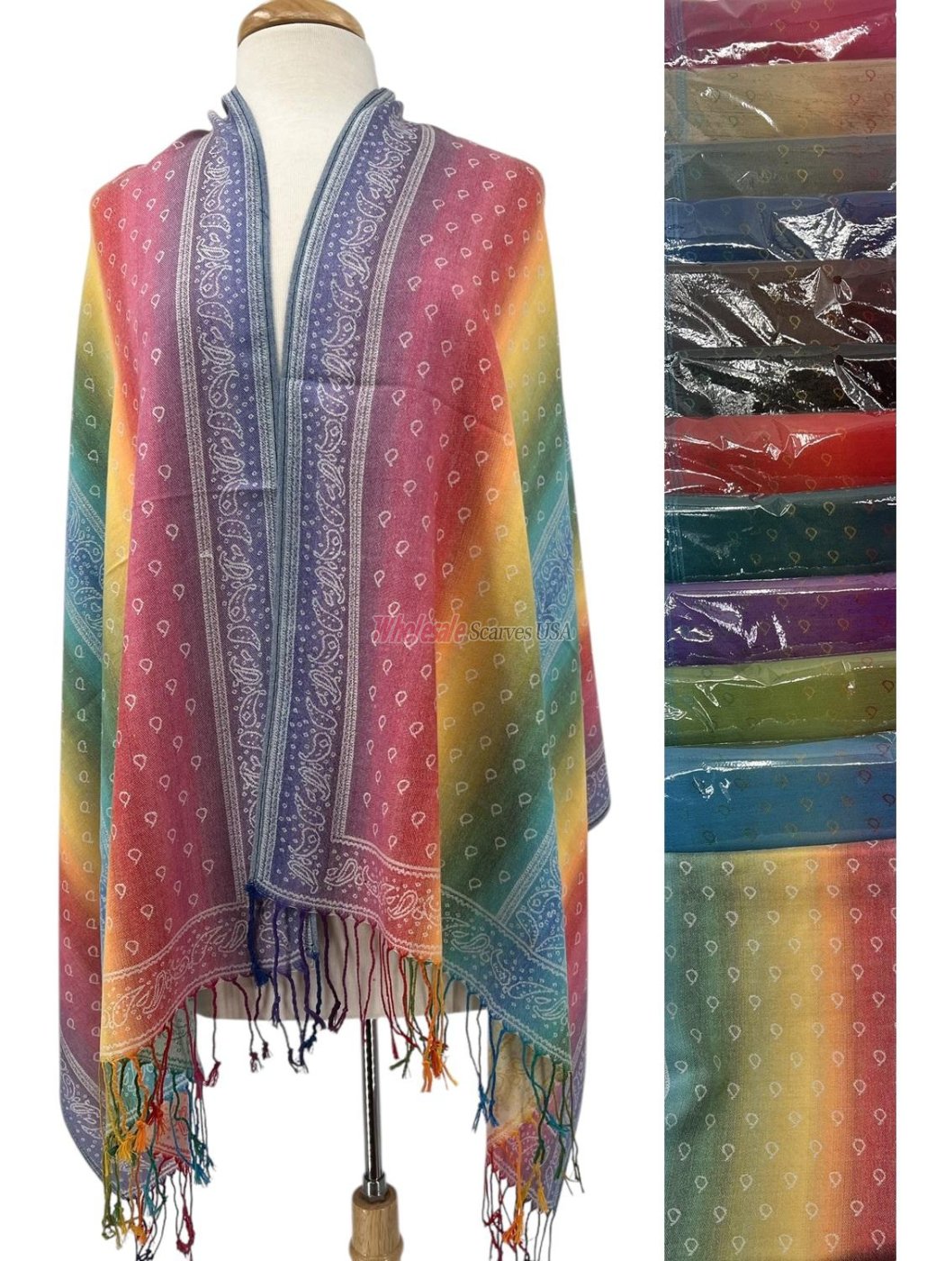 (image for) Paisley Border RainBow Colorful Pashmina（1dz, 12 Colors)
