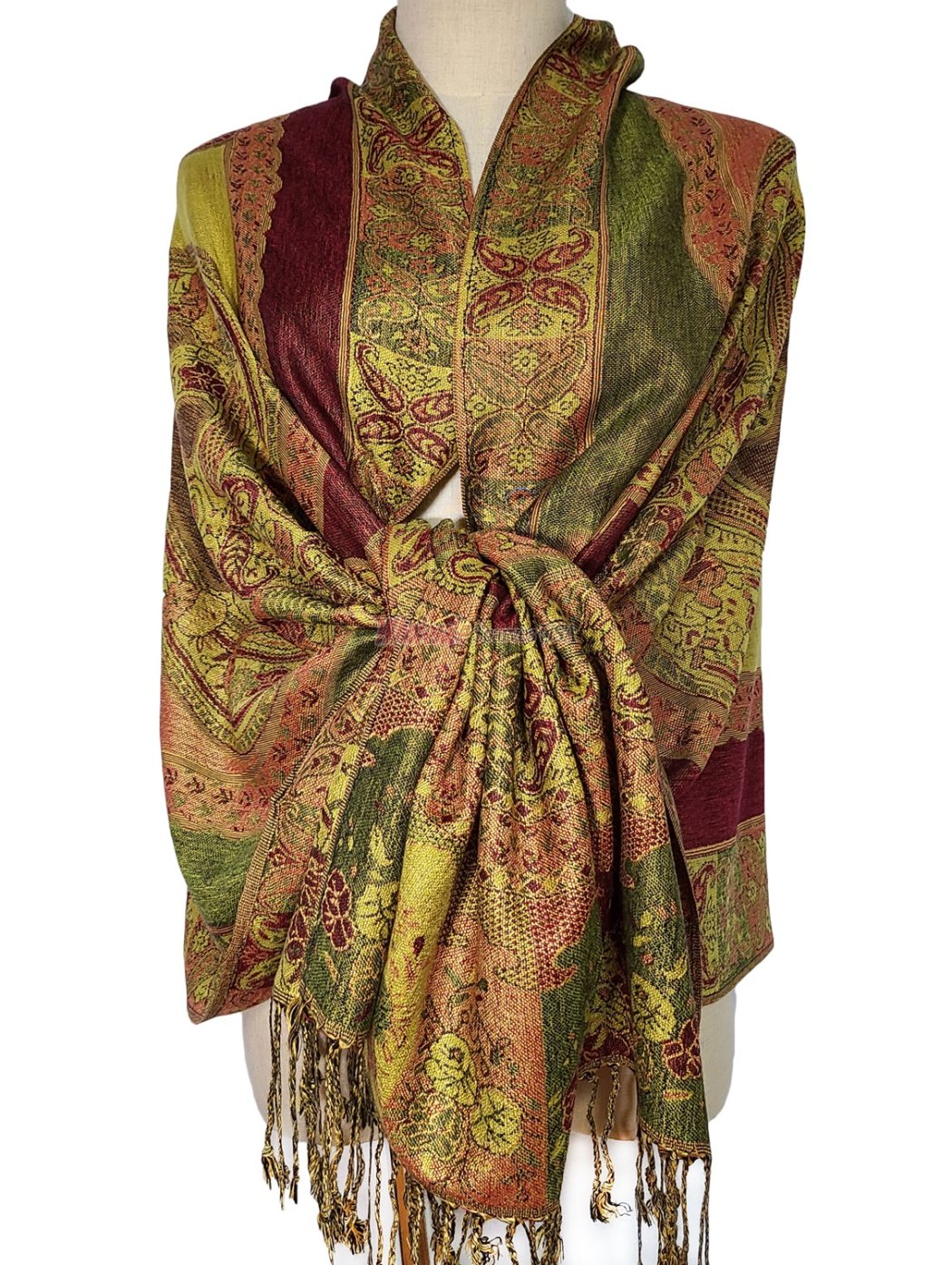 (image for) Paisley Flower Shawl Olive Green - Click Image to Close